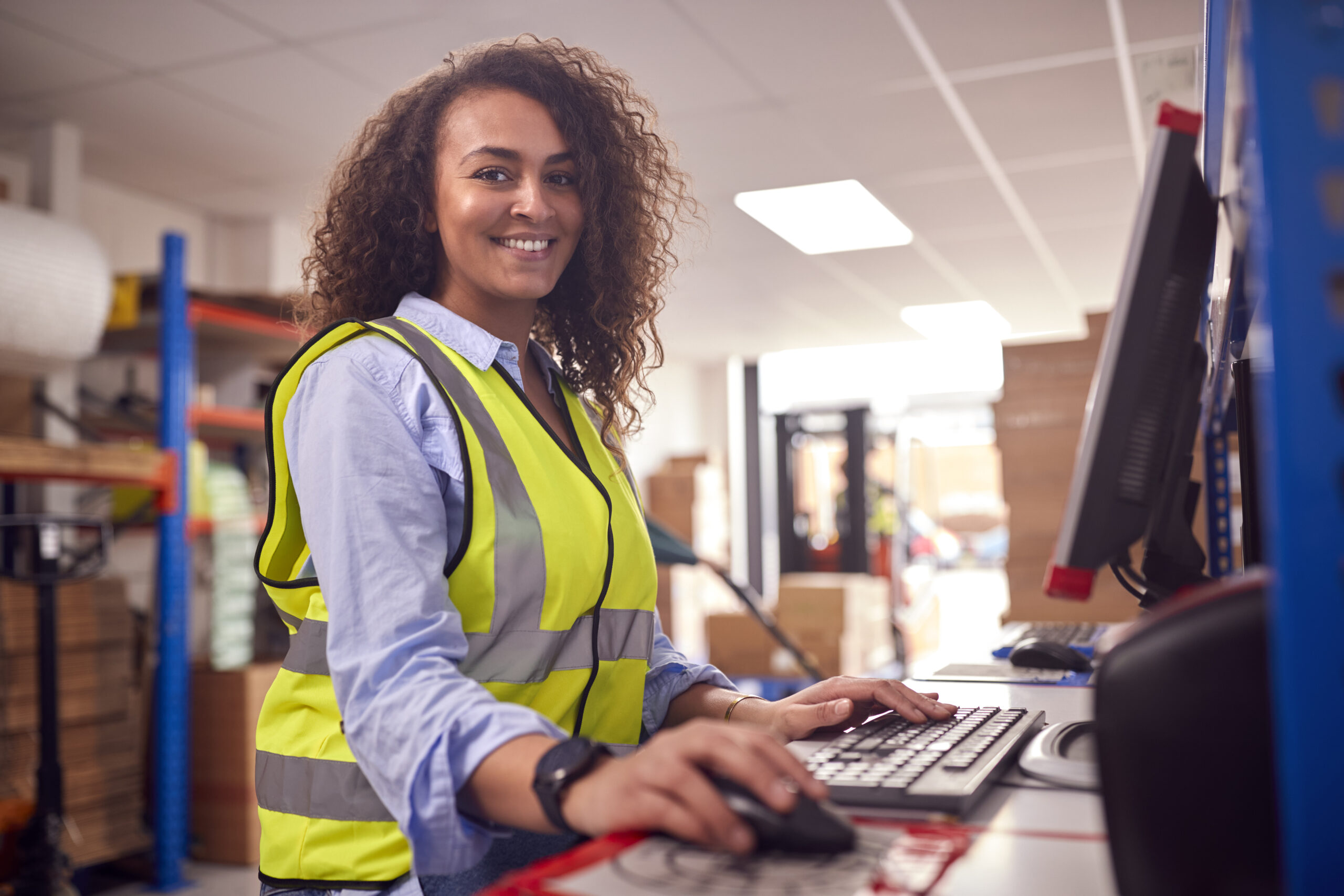 portrait of female worker in busy modern warehouse working on computer terminal